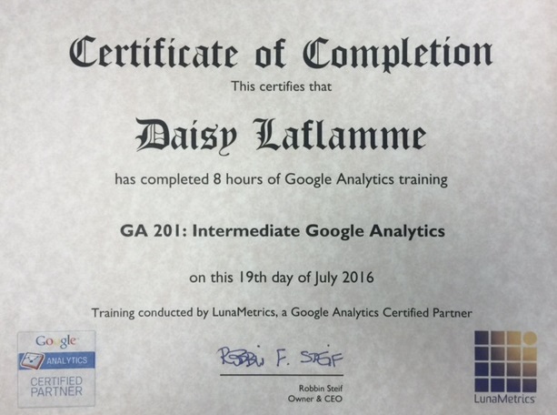 image of the certificate Google Analytics Intermediate 201