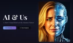AI & Us digital book project showing the interactive web reading experience, cinematic chapter art, PDF export, and published book format.