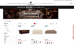 Furniture search results page with clickable color swatches on each product card.