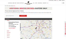 American Signature Furniture store locator page with a map and store list.