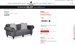 Product configuration page showing a sofa with selectable color swatches and configuration options.