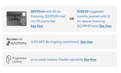 Financing message components displayed on product and search pages across multiple furniture brands, including examples for Affirm and other payment providers.