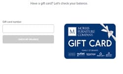 Gift card balance check page with a gift card number input and a branded visual, shown across desktop and mobile layouts for multiple furniture brands.