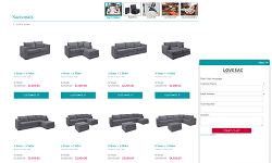 Lovesac search results page showing sectional products and a floating chat widget.