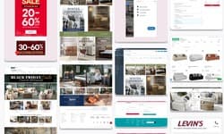 Masonry collage of multi-brand e-commerce UI work: mobile navigation, PDPs, cart and checkout pages, search grids, content editor layouts, and marketing modules across multiple furniture storefronts.
