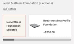 Product detail page showing add-on sliders for mattress protectors, foundations, and frames with selectable options and price updates.