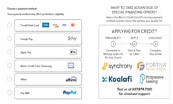 Checkout payment step showing multiple payment methods (credit/debit, Affirm, financing, and lease-to-own) across desktop and mobile flows.