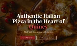 Pizzeria marketing homepage prototype highlighting lunch specials, calls to action, testimonials, and a photo gallery of menu items.