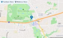 Store details pages showing an interactive map with a branded location pin, nearby store results, and a store-type legend across multiple furniture brands.